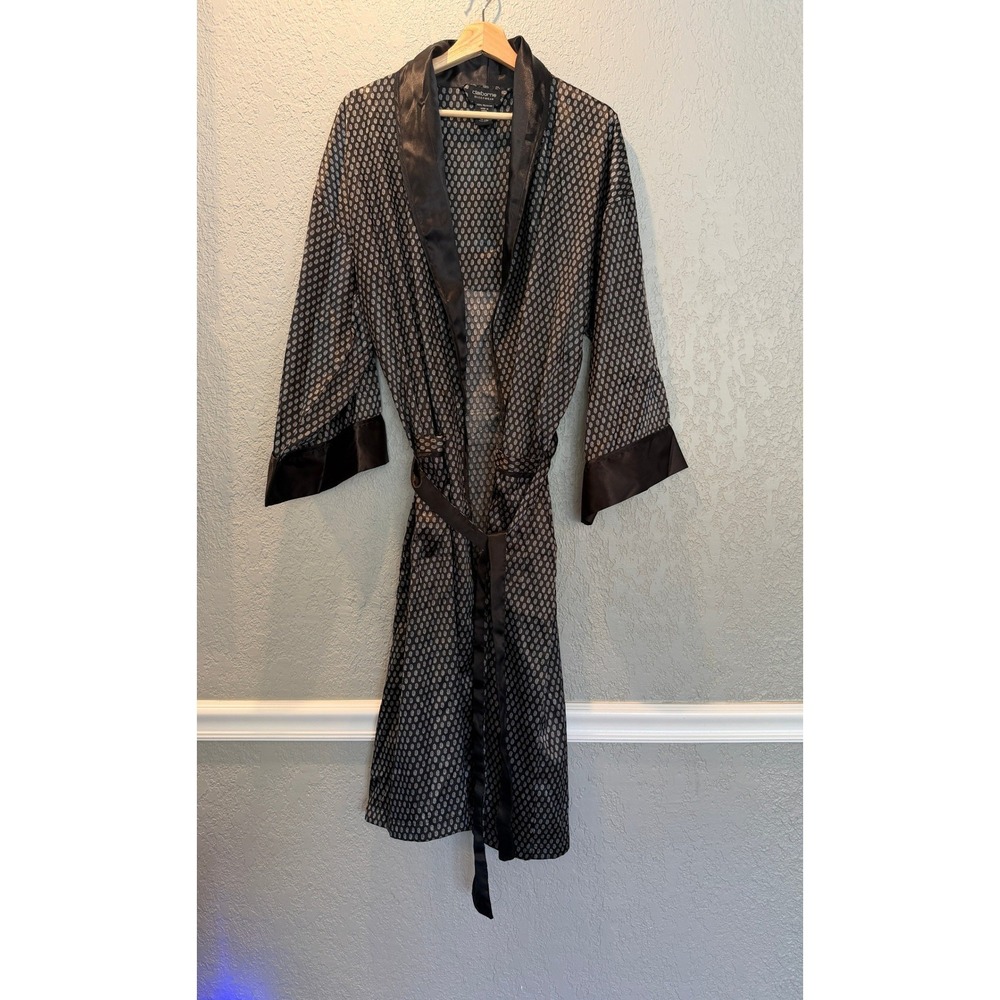 Claiborne Sleepwear Mens Black Grey Paisley Satin Robe One Size OSFA Loungewear